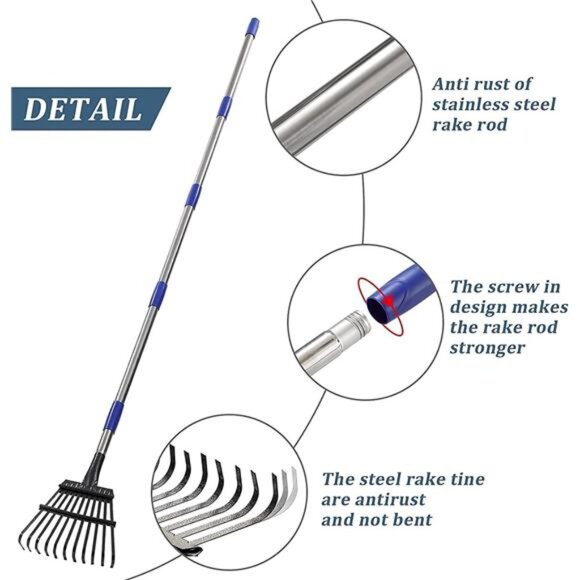 Garden Rake -Small Leaves Rakes for Gardening - 11 Metal Tines 8.5" Wide - 78" - Picture 6 of 8